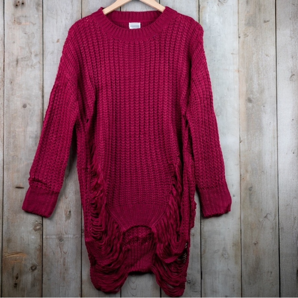 Goldspark Deep Red Distressed Hem Knit Sweater Size L NWT